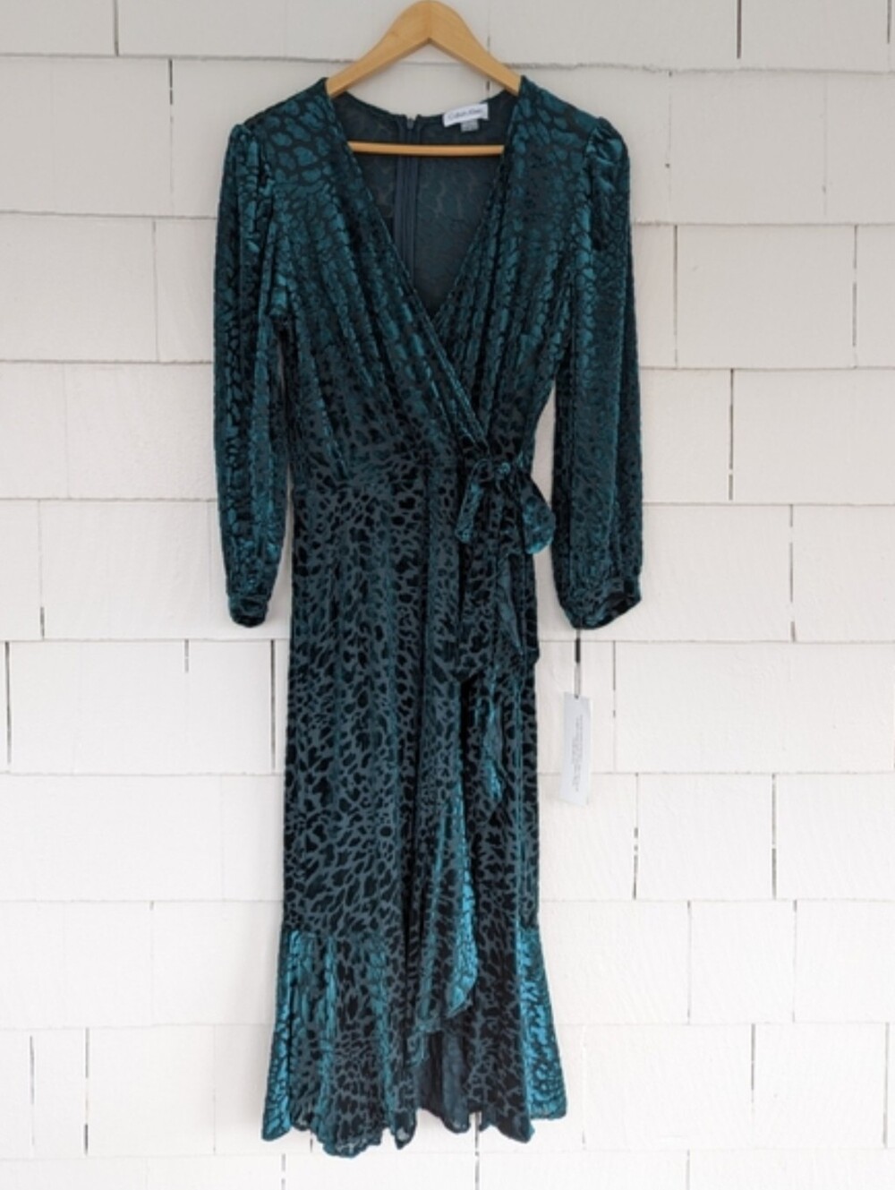 NWT Calvin Klein Teal Turquoise Crushed Velvet Patterned Long Sleeve Dress Size